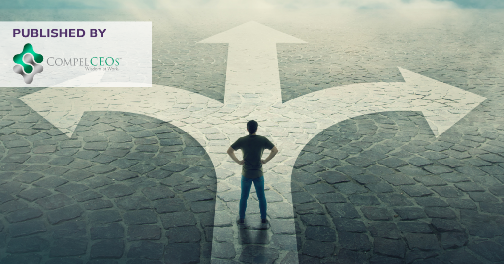 Compel CEO White Paper feature, man standing at crossroads